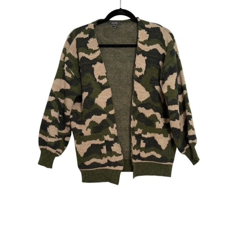 En Merci Camouflage open front Oversized Knit Cardigan Green Cream Small